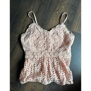 Joyous Peach Cotton Eyelet Peplum Camisole Boho Lace Crochet Tank Top Small 0007